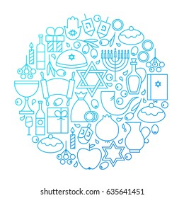 Hanukkah Line Icon Circle Design. Vector Illustration of Jewish Winter Holiday Objects.