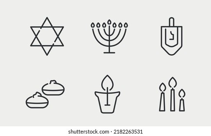 Hanukkah line icon set. Jewish Holiday Hanukkah. Traditional cake Sufganiya,  candle holder Hanukkiya, whirligig Dreidel. Vector illustration