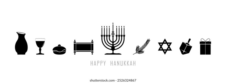 Die Symbole der Hanukka-Linie sind gesetzt.  Set enthält Symbole wie hanukkah doughnut, menorah, dreidel, kerzenlicht, krug, manuskript, geschenk, David star. 