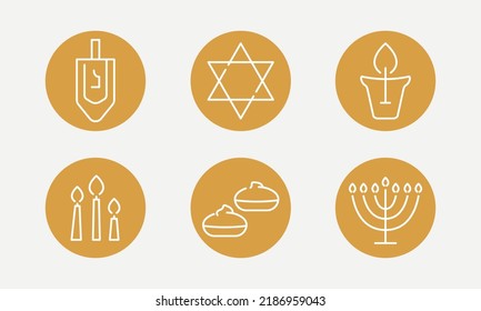 Hanukkah line icons set. Jewish religion holiday. Set includes icons as hanukkah doughnut, menorah, dreidel, candel light, David star, kosher oil. Vector illustration