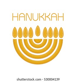Hanukkah logo, a symbol of Jewish religion holiday on a white background. The Menorah, the flames and the text was created like a stylized imitation of rough handmade stitching with a golden thread.
