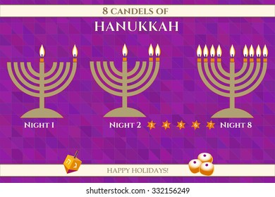 Hanukkah menora candles lighting order explanation vector infographics. Jewish Light Festival greeting card, party invitation, flyer template. Hanukkah traditional symbols. Sample text.