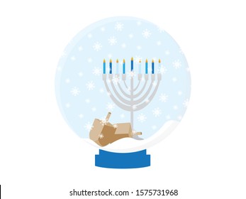 Hanukkah Menora and Dreidels in a Snow Globe