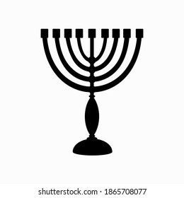 Hanukkah menorah black silhouette candlestick with 9 candles. Chanukah Jewish Holiday festival of lights symbol. Clip art for greeting card. Stock vector flat isolated element on a white background.