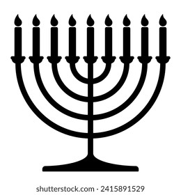 Hanukkah menorah, black and white vector silhouette illustration of hanukkiah nine-branched candelabrum with candles shape, isolated on white background