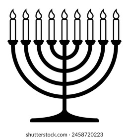 Hanukkah menorah, black and white vector silhouette illustration of hanukkiah nine-branched candelabrum with candles shape, isolated on white background