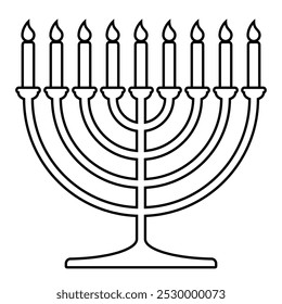 Hanukkah menorah, black and white vector silhouette illustration of hanukkiah nine-branched candelabrum with candles shape, isolated on white background