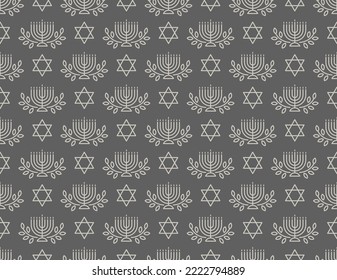 Hanukkah menorah with branches olive and star of David in line style seamless pattern vector illustration