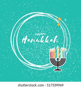 Hanukkah menorah with burning candles and gold glitter David star.