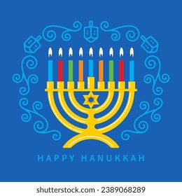 Hanukkah menorah with burning candles. Vector design for Happy Hanukkah greeting card, banner, invitation. Jewish Festival of Lights