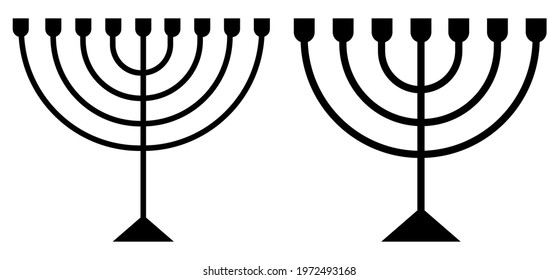 Hanukkah Menorah candelabrum black sign isolated on white. Religion icon. Silhouette of sacred jewish object.