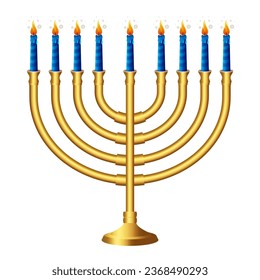 Hanukkah menorah candelabrum with golden nine lit candles vector illustration