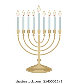 Hanukkah menorah candelabro com nove velas queimadas isoladas no fundo branco. Estilo plano. . Ilustração vetorial