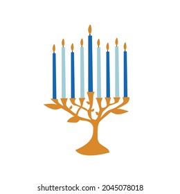 Hanukkah menorah candelabrum with nine lit candles flat vector color icon for holiday apps and websites.