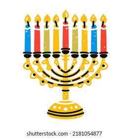 Hanukkah menorah candelabrum with nine lit candles flat vector. Hanukka menorah isolated on white