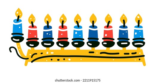 Hanukkah menorah candelabrum with nine lit candles flat vector. Hanukka menorah isolated on white