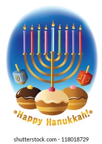 Hanukkah menorah with  candle and  doughnut