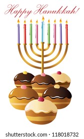 Hanukkah menorah with  candle and  doughnut