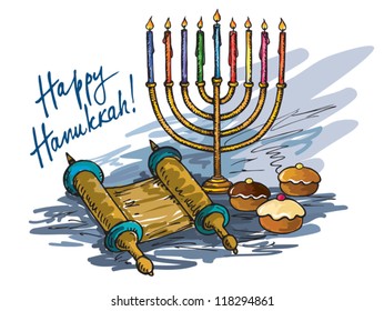 Hanukkah menorah with  candle and  doughnut