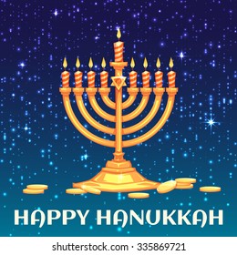 Hanukkah menorah with candles and coins. Vector illustration.