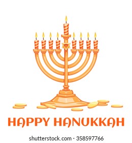 Hanukkah menorah with candles and coins. Vector illustration.