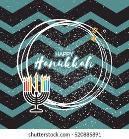 Hanukkah menorah, candles and glitter David star on zigzag background.