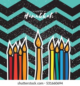 Hanukkah menorah, candles and glitter David star on zigzag background.