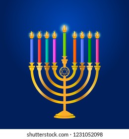 Hanukkah menorah with candles and star of david isolated on background. Vector illustration