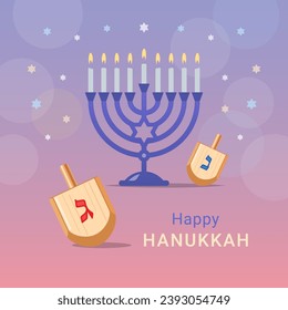 Hanukkah Menorah candles and wooden toy Dreidels on shiny background. Happy Hanukkah vector design for greeting card, banner, poster