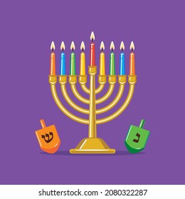 Hanukka Menorah und farbige Dreidels mit hebräischen traditionellen Briefen. Vektorgrafik für Hanukka - jüdisches Festival der Lichter 