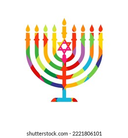 Hanukkah menorah, colored stained glass emblem with David star. Jewish holiday - Happy Hanukka greeting card with traditional Chanukah colorful symbol candles. Vector illustration