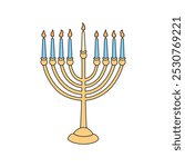 Hanukkah menorah doodle vector illustration isolated. Traditional Jewish chanukiah candle holder with nine outline lit candles on white background. Festival of lights symbol.