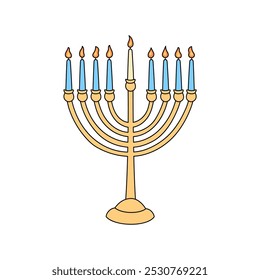 Hanukkah menorah doodle Ilustración vectorial aislada. Candelero tradicional judío chanukiah con nueve velas iluminadas de contorno sobre fondo blanco. Símbolo del Festival de las Luces.