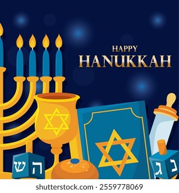 Hanukkah menorah, dreidels, goblet, and book Vector