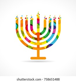 Hanukkah menorah emblem colored. Jewish holiday Hanukkah greeting card traditional Chanukah symbol menorah candles lowing lights pattern. Vector template