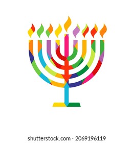 Hanukkah menorah emblem with colored stained glass. Jewish holiday Hanukkah greeting card traditional Chanukah symbol menorah candles lights colorful pattern. Vector template