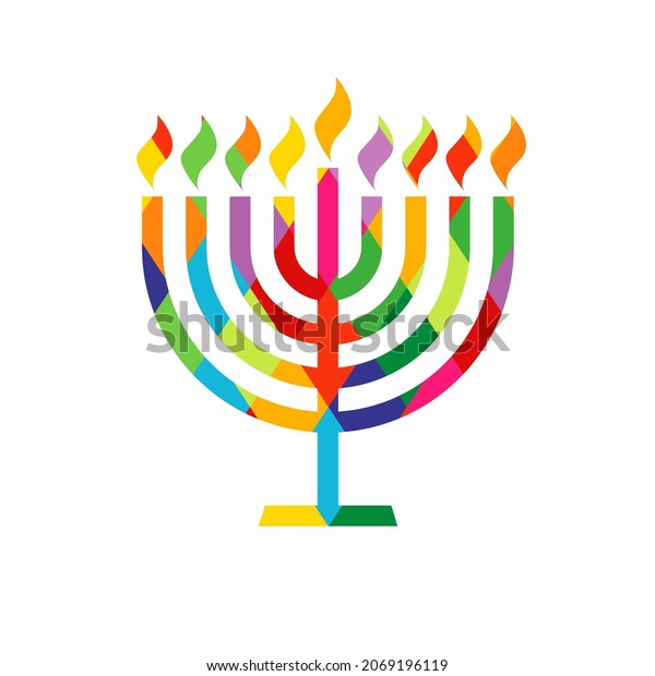 Hanukkah menorah emblem\
with colored stained glass. Jewish holiday Hanukkah greeting card\
traditional Chanukah symbol menorah candles lights colorful\
pattern. Vector\
template