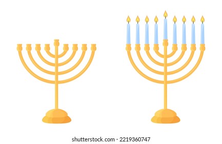 Hanukkah menorah empty and with lit candles. Set of traditional Jewish Hanukah symbol. Isolated golden chanukiah holder with nine candles on white background. Flat vector illustration.