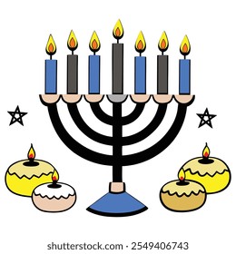 Hanukkah menorah with glowing candles and festive