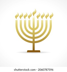 Hanukkah menorah golden emblem. Happy Hannukah greeting card. Vector illustration