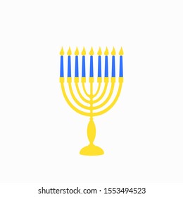 Hanukkah menorah golden yellow candlestick with 9 blue burning candles. Chanukah Jewish Holiday festival of lights symbol. Stock vector flat isolated element icon on a white background.