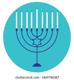 Hanukkah menorah graphic with jewish star on blue circle.