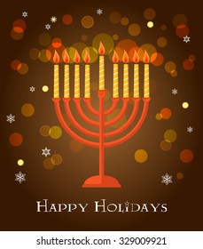 Hanukkah menorah greeting on brown background