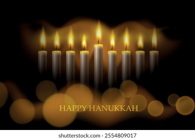 Hanukkah menorah, or hanukkiah for Jewish holiday Hanukkah. Hanukkah lamp, nine-branched candelabrum. Wave lights effects. EPS10 vector.