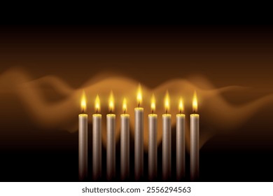 Hanukkah menorah, or hanukkiah for Jewish holiday Hanukkah. Hanukkah lamp, nine-branched candelabrum. Wave lights effects. EPS10 vector.