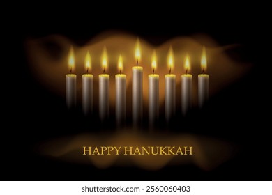 Hanukkah menorah, or hanukkiah for Jewish holiday Hanukkah. Hanukkah lamp, nine-branched candelabrum. Wave lights effects. EPS10 vector.