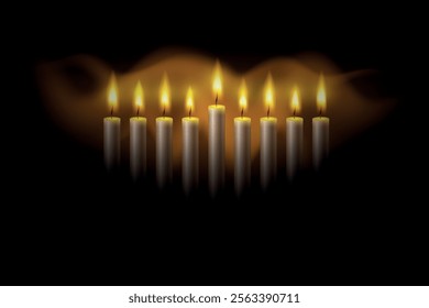 Hanukkah menorah, or hanukkiah for Jewish holiday Hanukkah. Hanukkah lamp, nine-branched candelabrum. Wave lights effects. EPS10 vector.