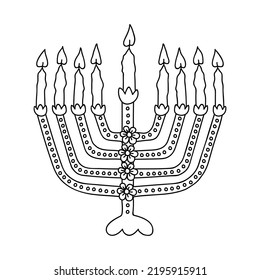 Hanukkah menorah, or hanukkiah. Symbol of the Jewish holiday Hanukkah. Doodle vector illustration. Isolated on a white background.