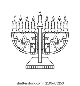 Hanukkah menorah, or hanukkiah. Symbol of the Jewish holiday Hanukkah. Doodle vector illustration. Isolated on a white background.