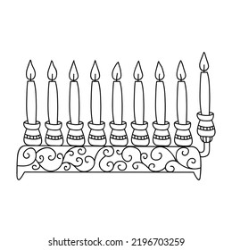 Hanukkah menorah, or hanukkiah. Symbol of the Jewish holiday Hanukkah. Doodle vector illustration. Isolated on a white background.